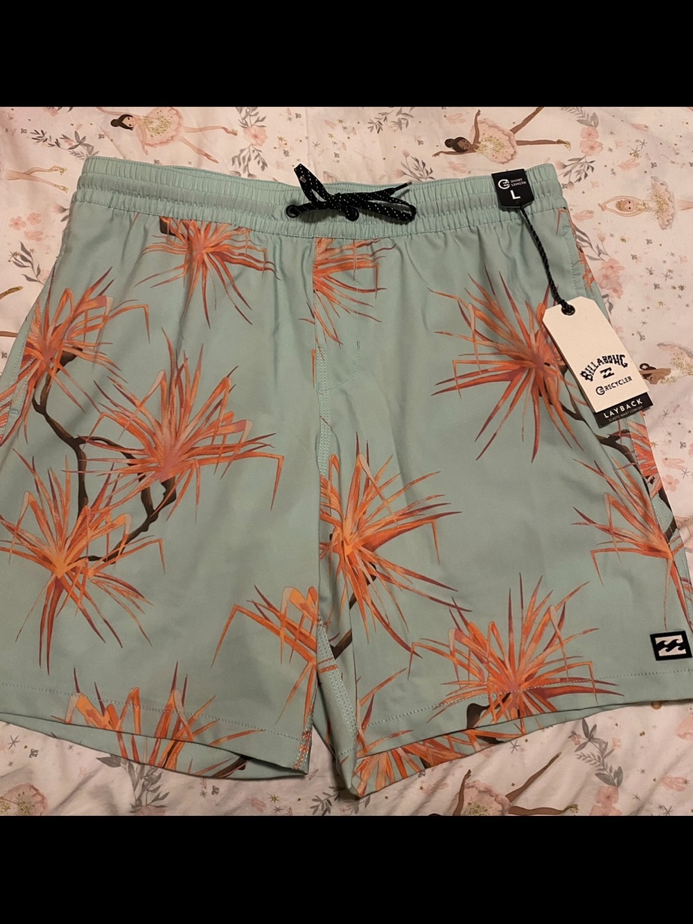 Billabong Men’s Mint Green Swim Shorts with Orange Tropical Print
